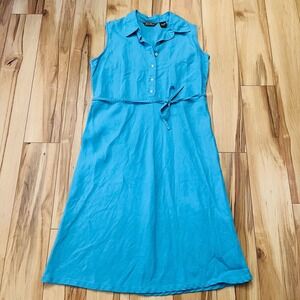 Vintage Eddie Bauer Women's Sz 12 Petite Sleeveless Linen Midi Dress Blue Belted